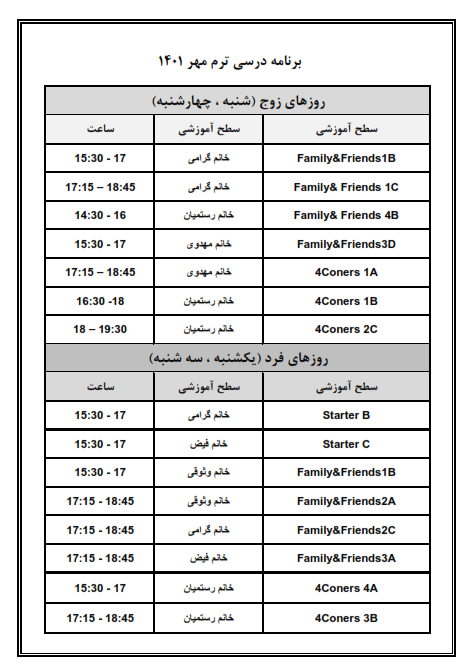 برنامه زمانبندی ترم مهر1401